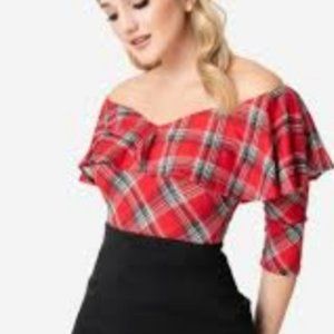 Unique Vintage Red Plaid Off Shoulder Ruffle Bisou Top